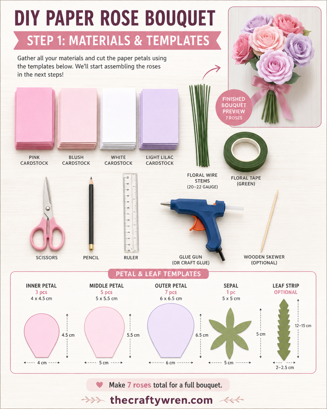 Flat-lay of cardstock, floral wire, and glue gun laid out for a paper rose bouquet DIY project