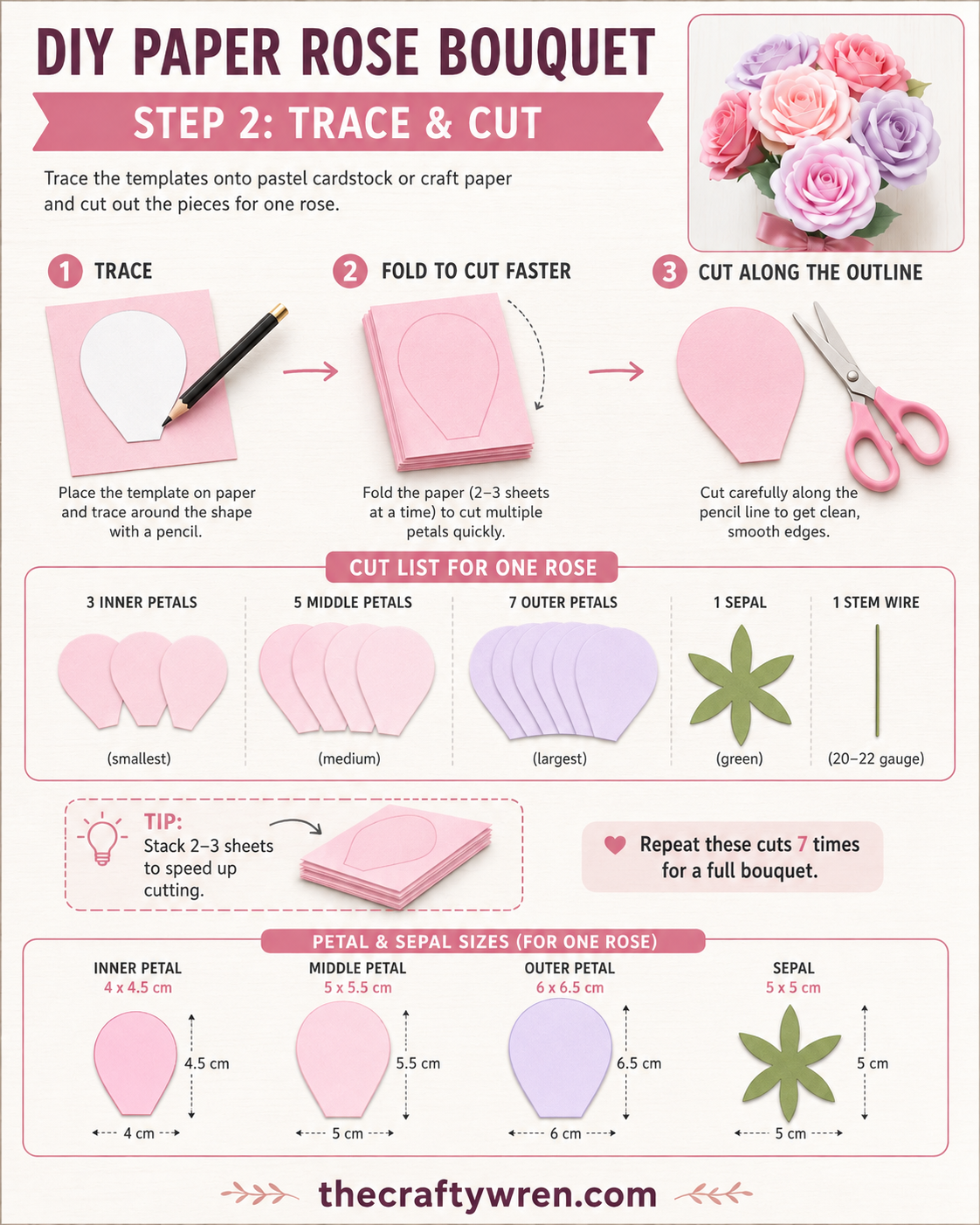Hands tracing and cutting petal templates from pink cardstock for a paper rose bouquet