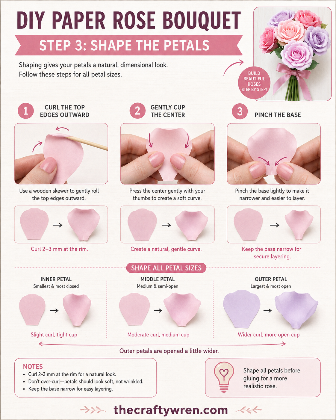 Wooden skewer curling the edge of a pink paper petal to shape it for a paper rose bouquet DIY