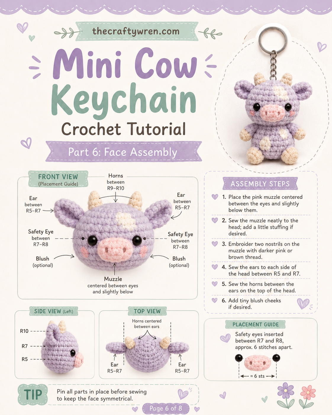 Face assembly diagram showing eye, muzzle, and horn placement on the pastel cow amigurumi keychain