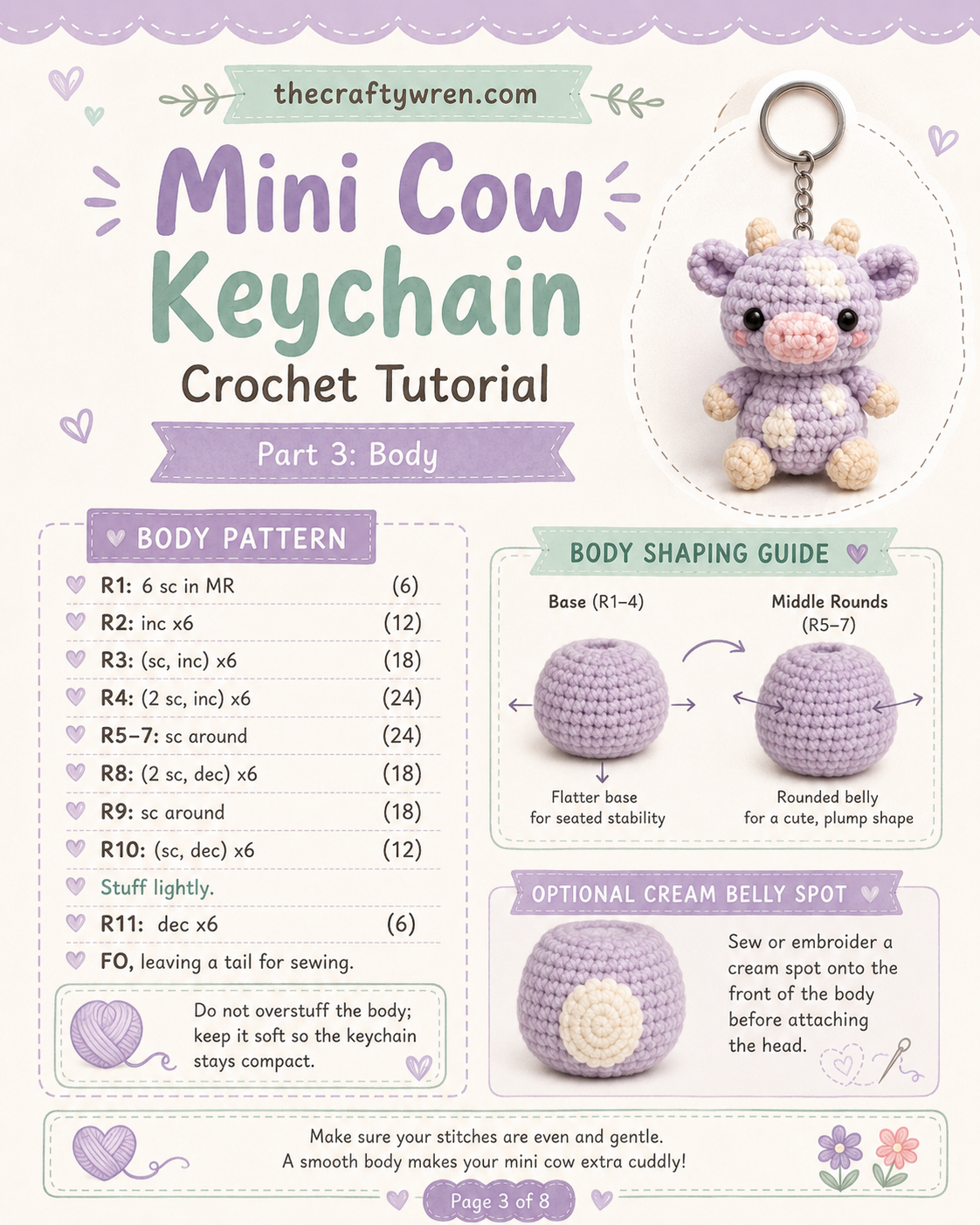 Rounded crochet body shaping guide used in the pastel cow amigurumi keychain tutorial