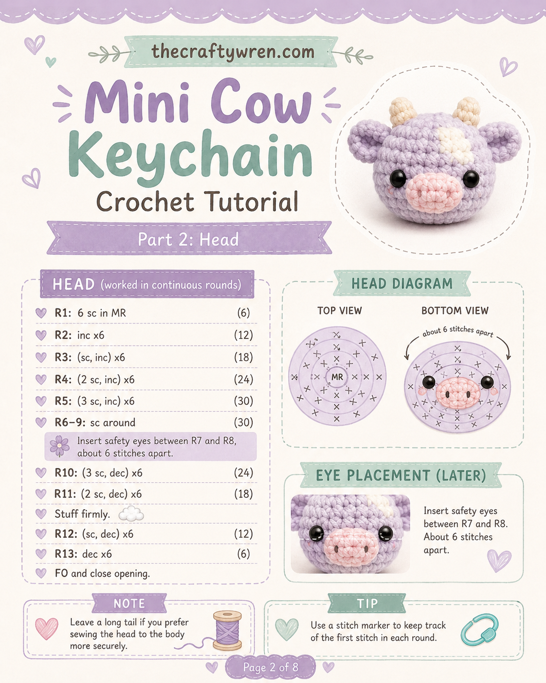 Crocheted head rounds showing safety eye placement for the pastel cow amigurumi keychain pattern