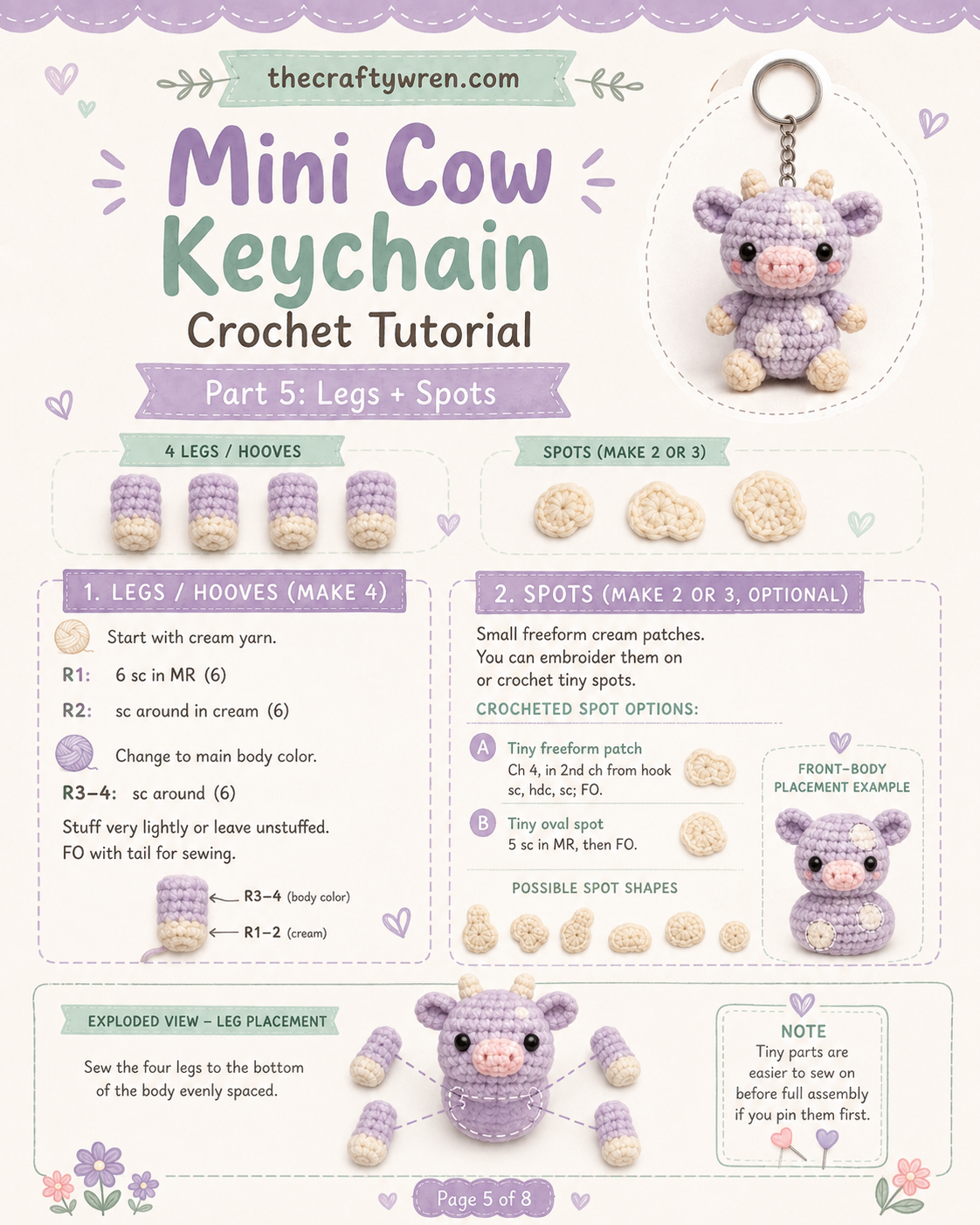 Four crocheted legs and cream spots ready to attach to the pastel cow amigurumi keychain