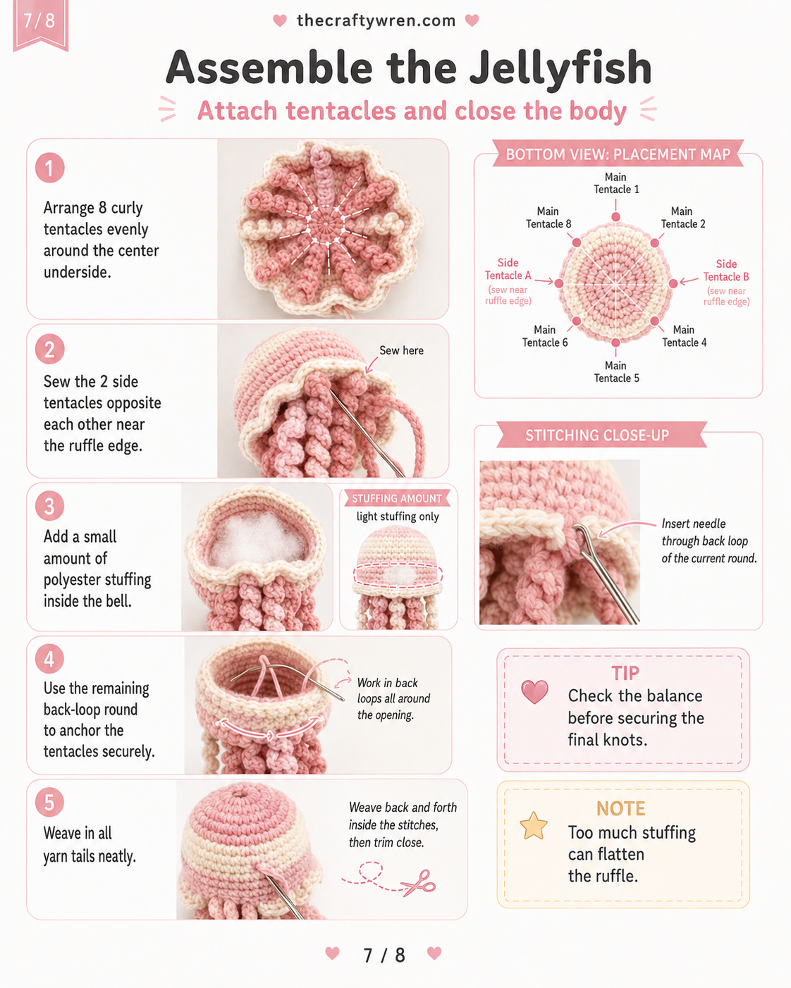 Assembling curly tentacles and stuffing the crochet jellyfish bell before closing the body