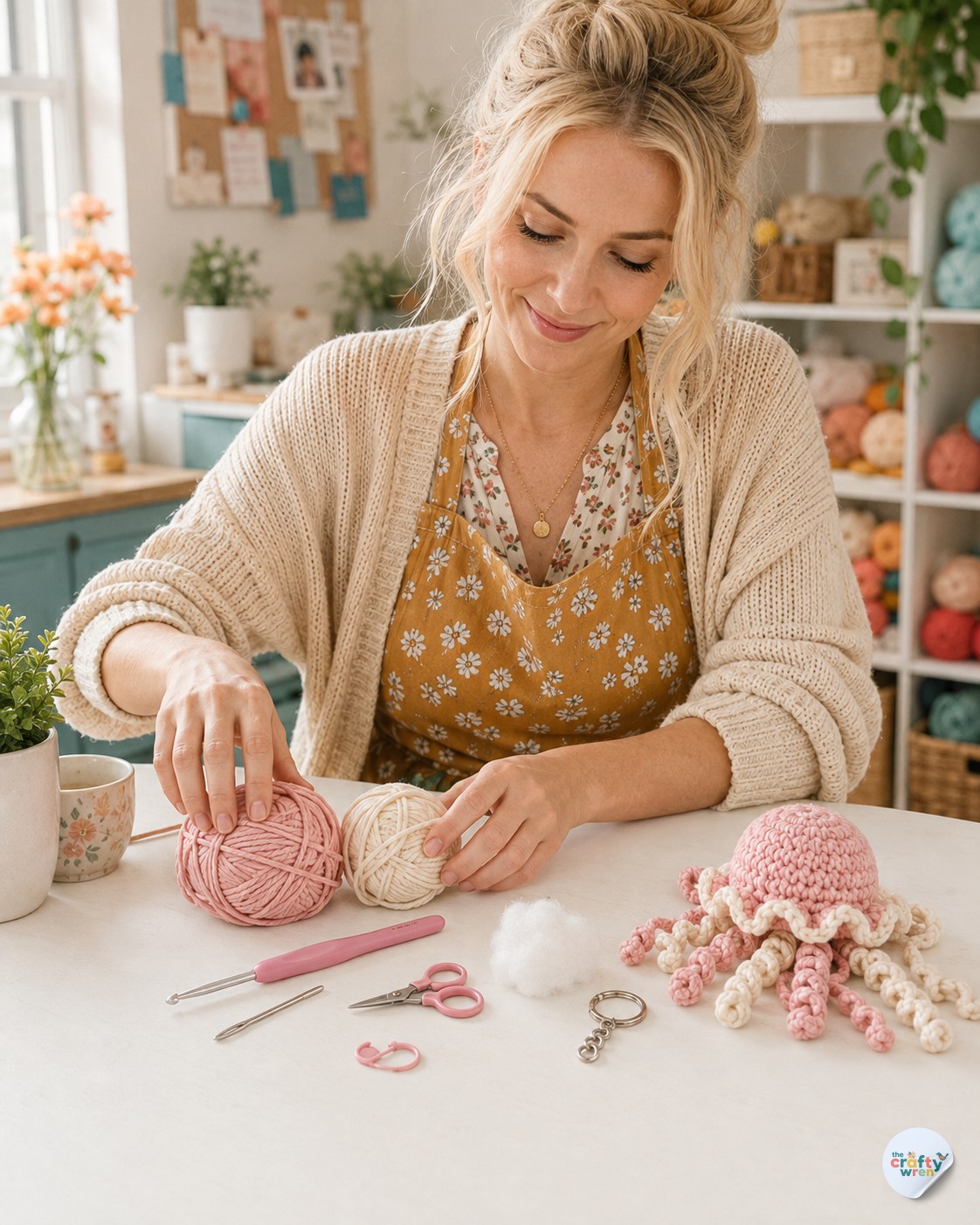 Wren Halloway arranging pink and cream yarn balls with crochet tools before starting a jellyfish keychain