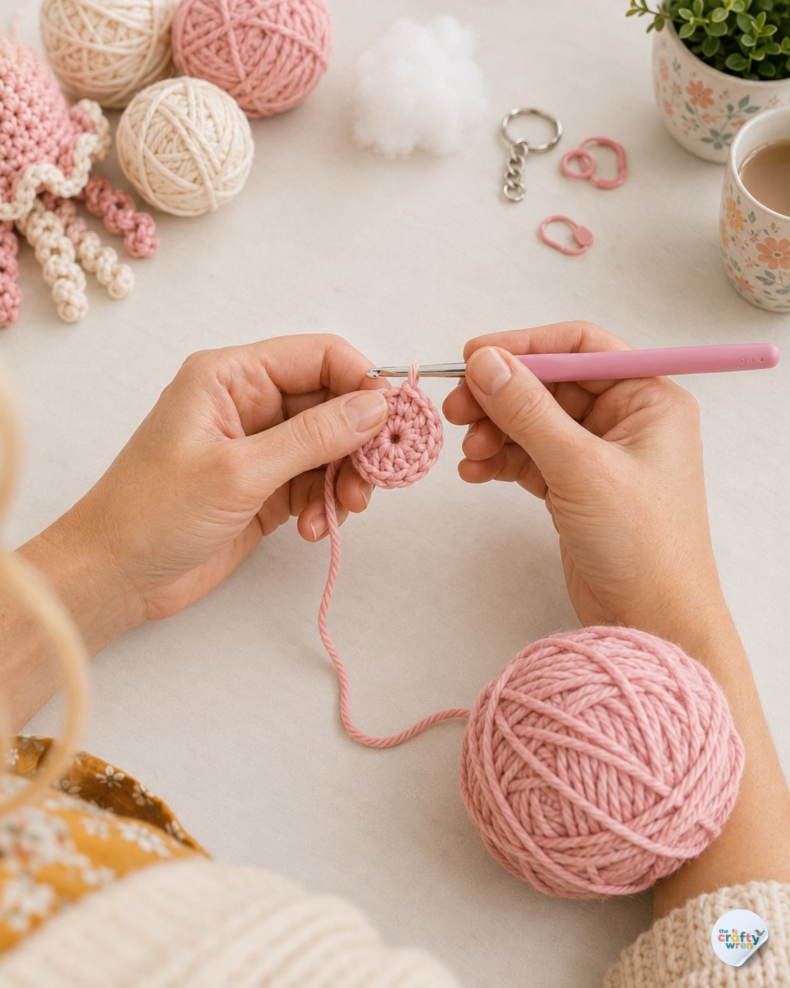 Close-up of hands starting a magic ring in pink yarn for the pink jellyfish keychain crochet bell