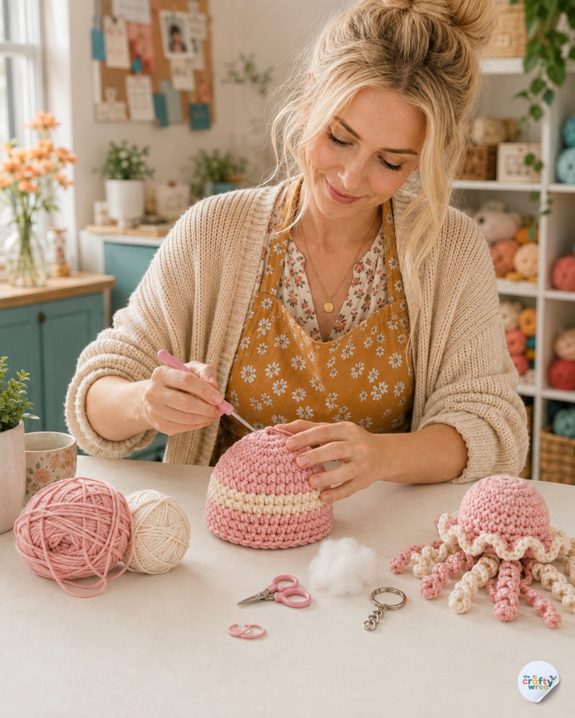 Crocheting the cream and pink striped dome of a jellyfish keychain bell in progress