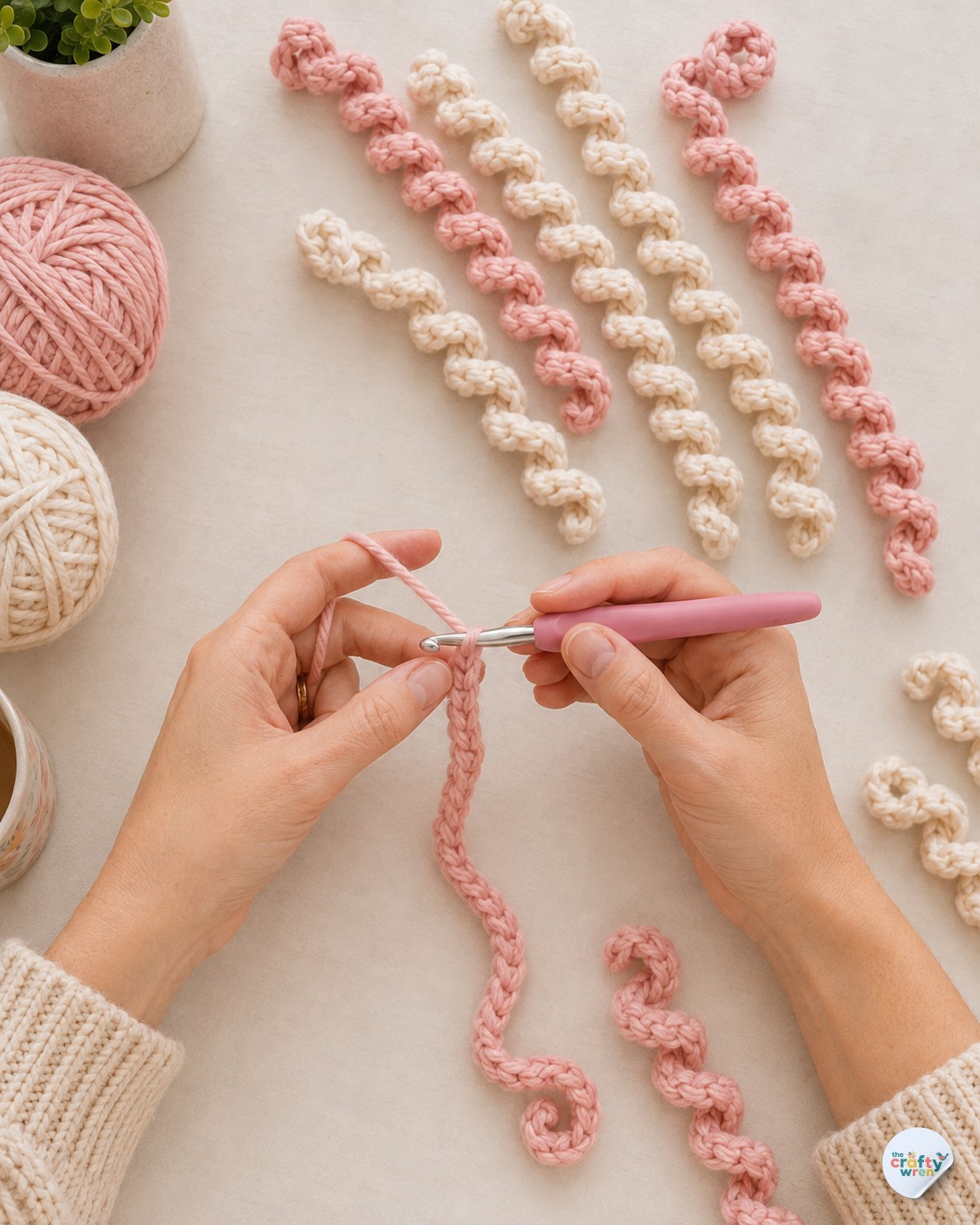 Curled pink and cream crochet tentacles laid out beside hands making another for a jellyfish keychain