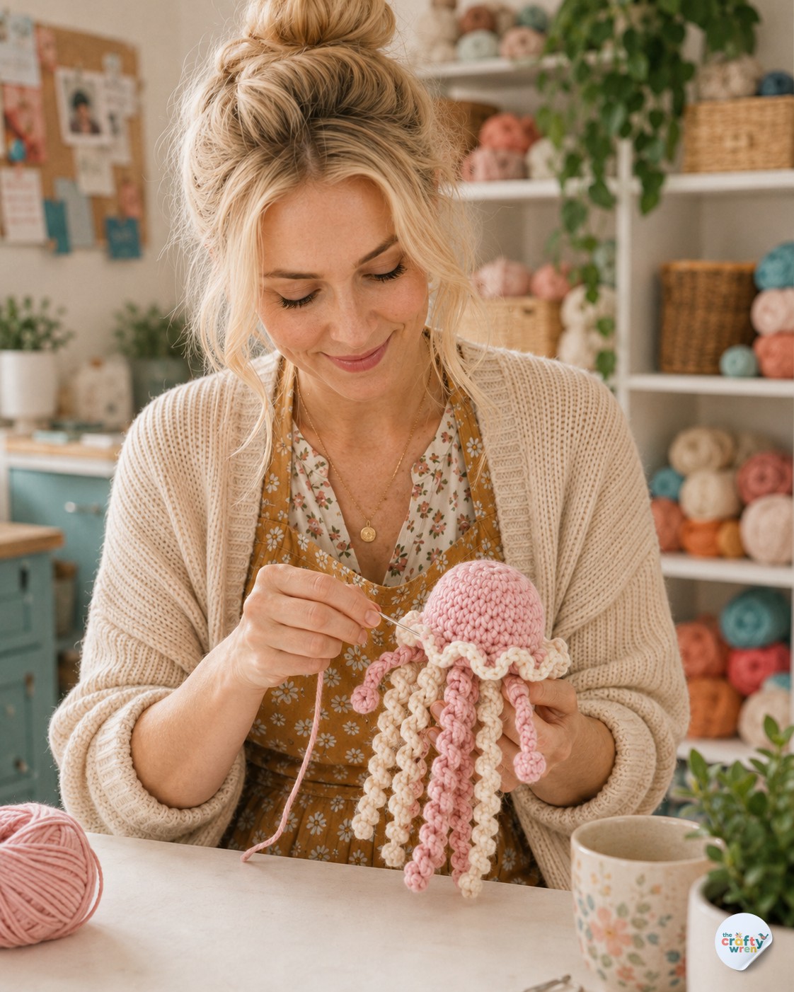 Wren Halloway holding a nearly finished pink jellyfish keychain crochet piece to check tentacle balance