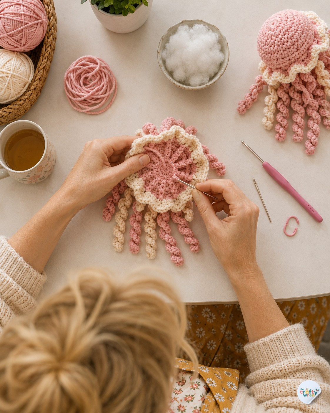 Overhead view of sewing tentacles onto a pink jellyfish keychain crochet body with stuffing nearby