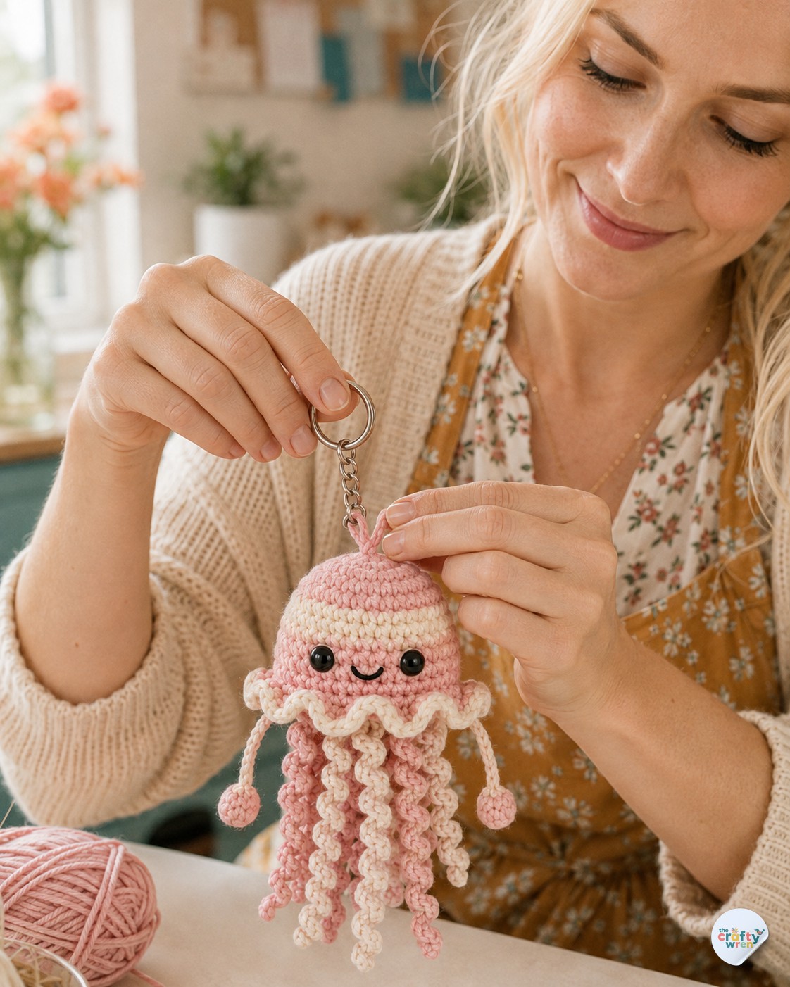 Pink Jellyfish Keychain Crochet - A Curly - Tentacle