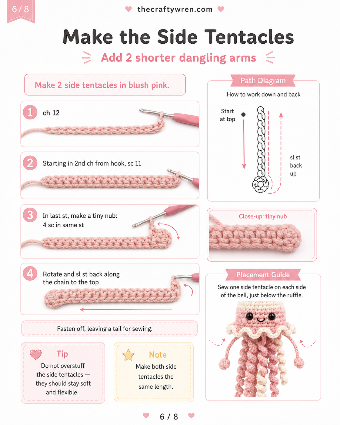 Two shorter blush pink side tentacles with tiny nub tips for the crochet jellyfish keychain