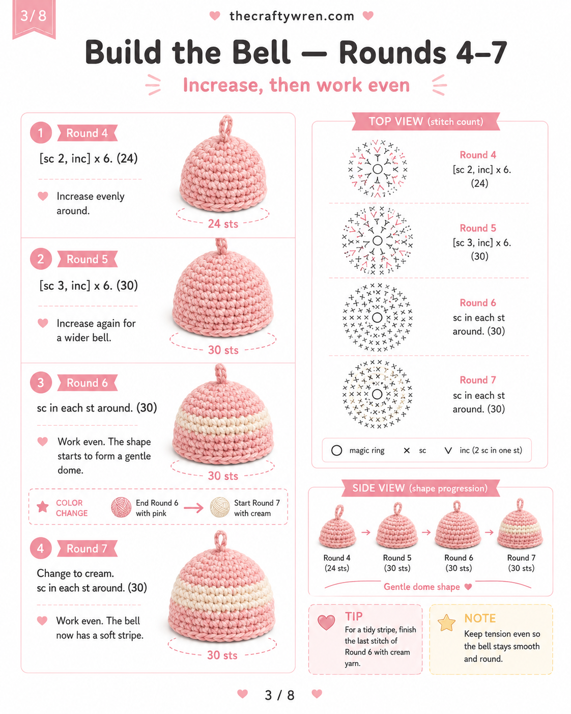 Hands crocheting rounds four through seven forming the domed bell shape of a jellyfish keychain