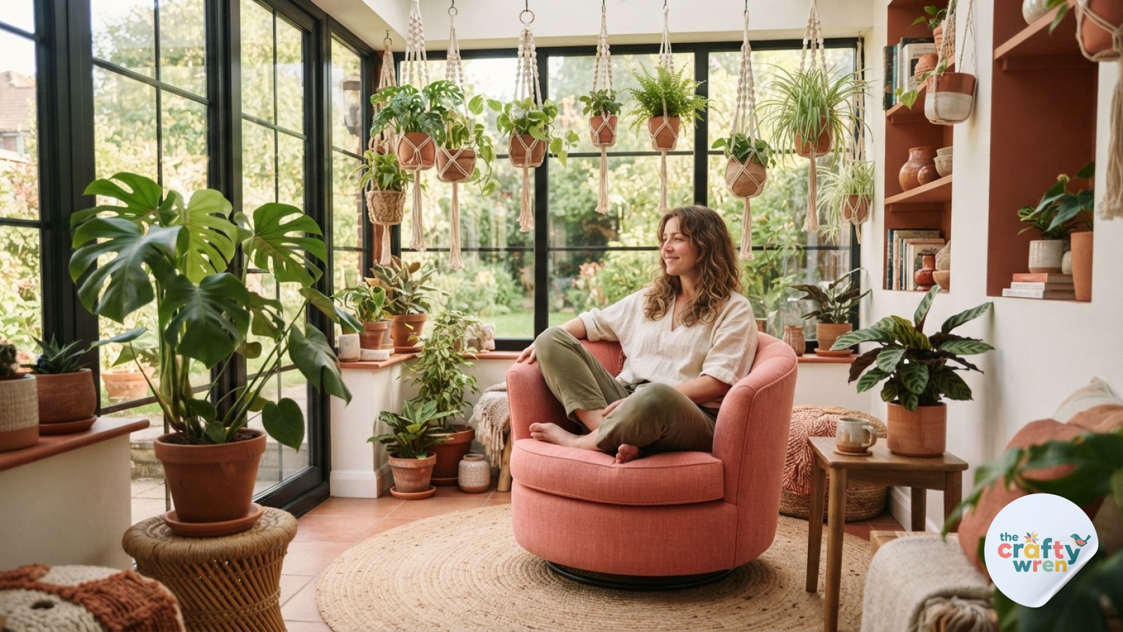Pink round swivel chair surrounded by hanging plants in a bright boho sunroom