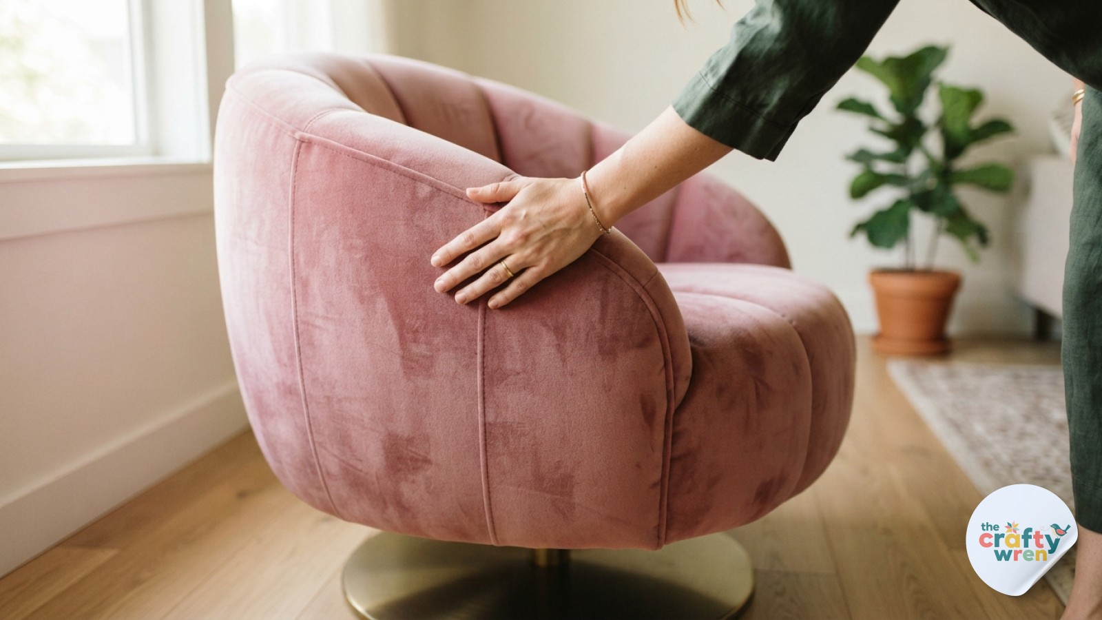 Close-up of a pink velvet round swivel chair showing channel tufting and a brass swivel base