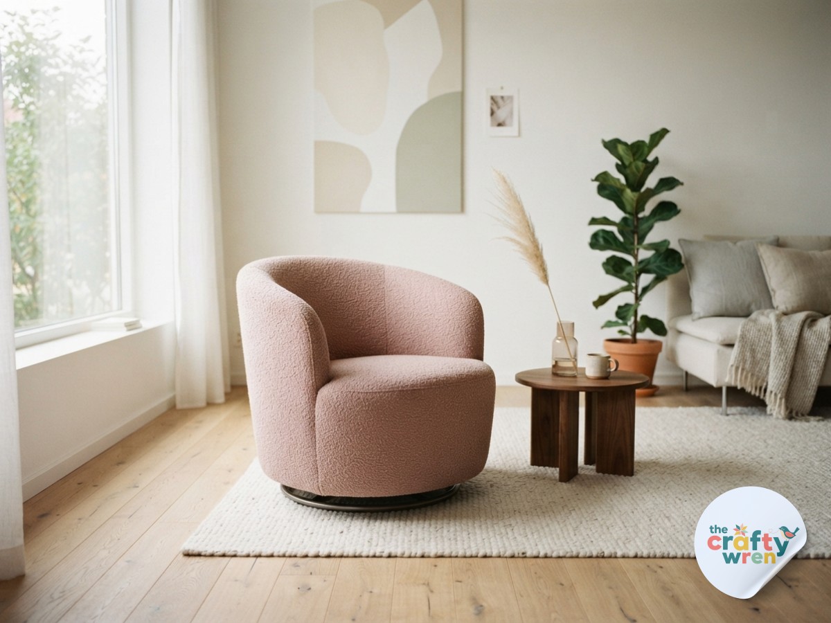 Pale pink bouclé round swivel chair in a modern minimalist living room with abstract art