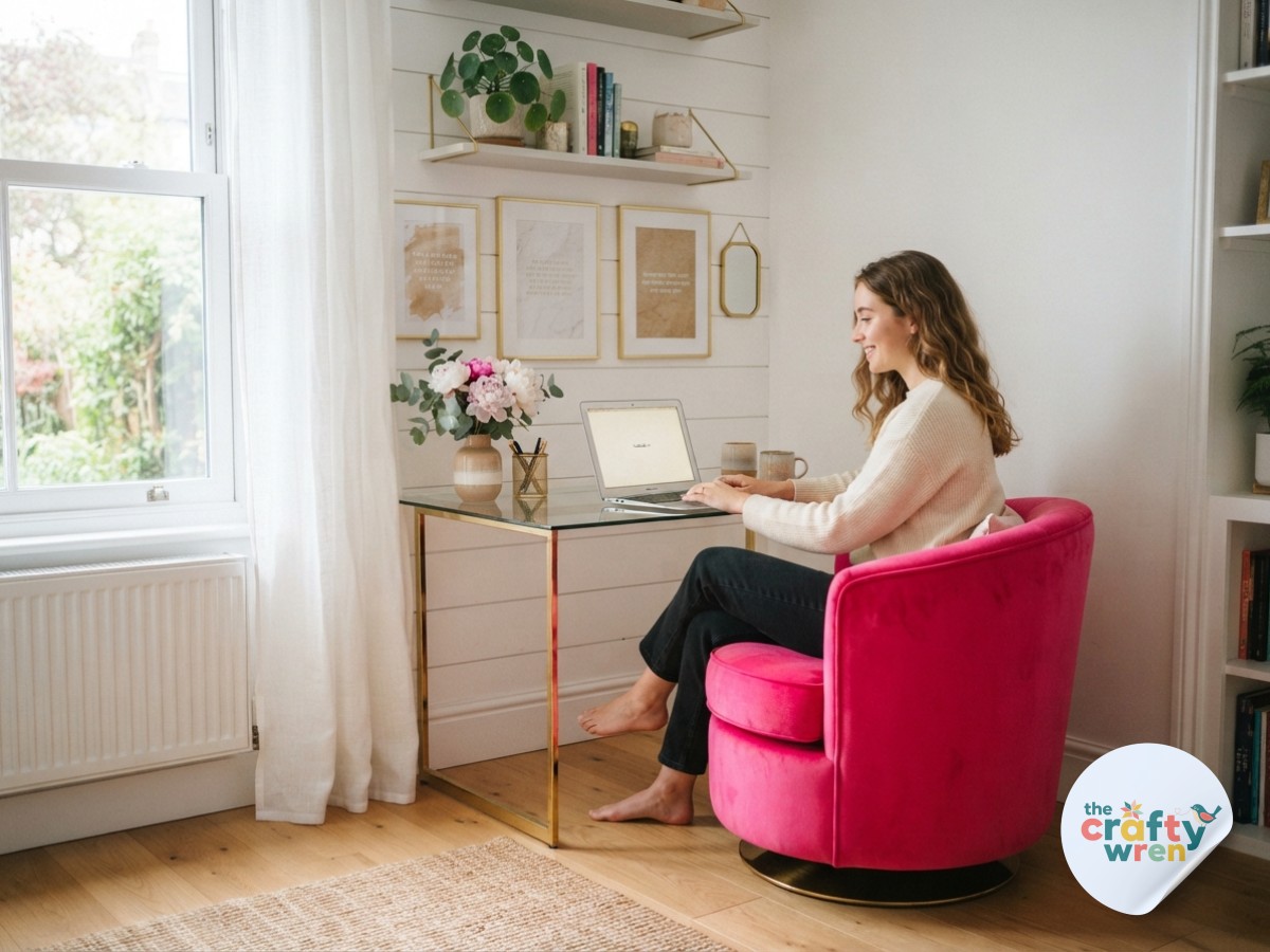 Bold magenta pink round swivel chair at a home office desk near a bright window