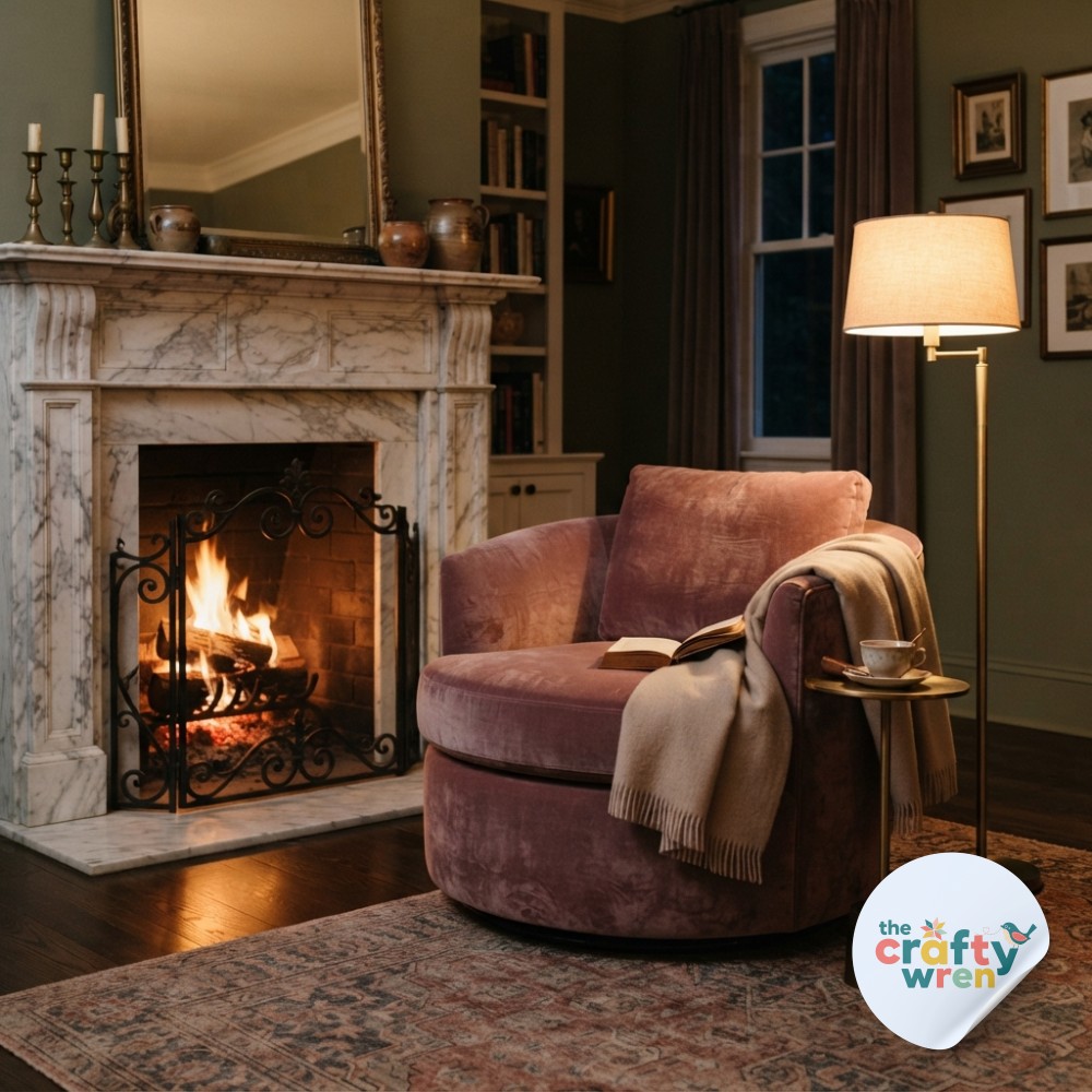 Mauve pink velvet round swivel chair beside a marble fireplace in a traditional library