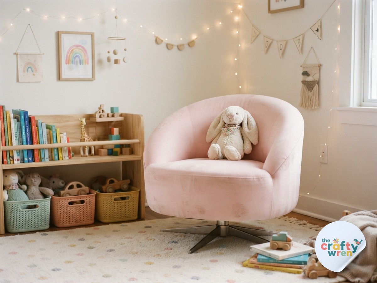 Pale pink round swivel chair with a stuffed bunny in a cozy nursery playroom