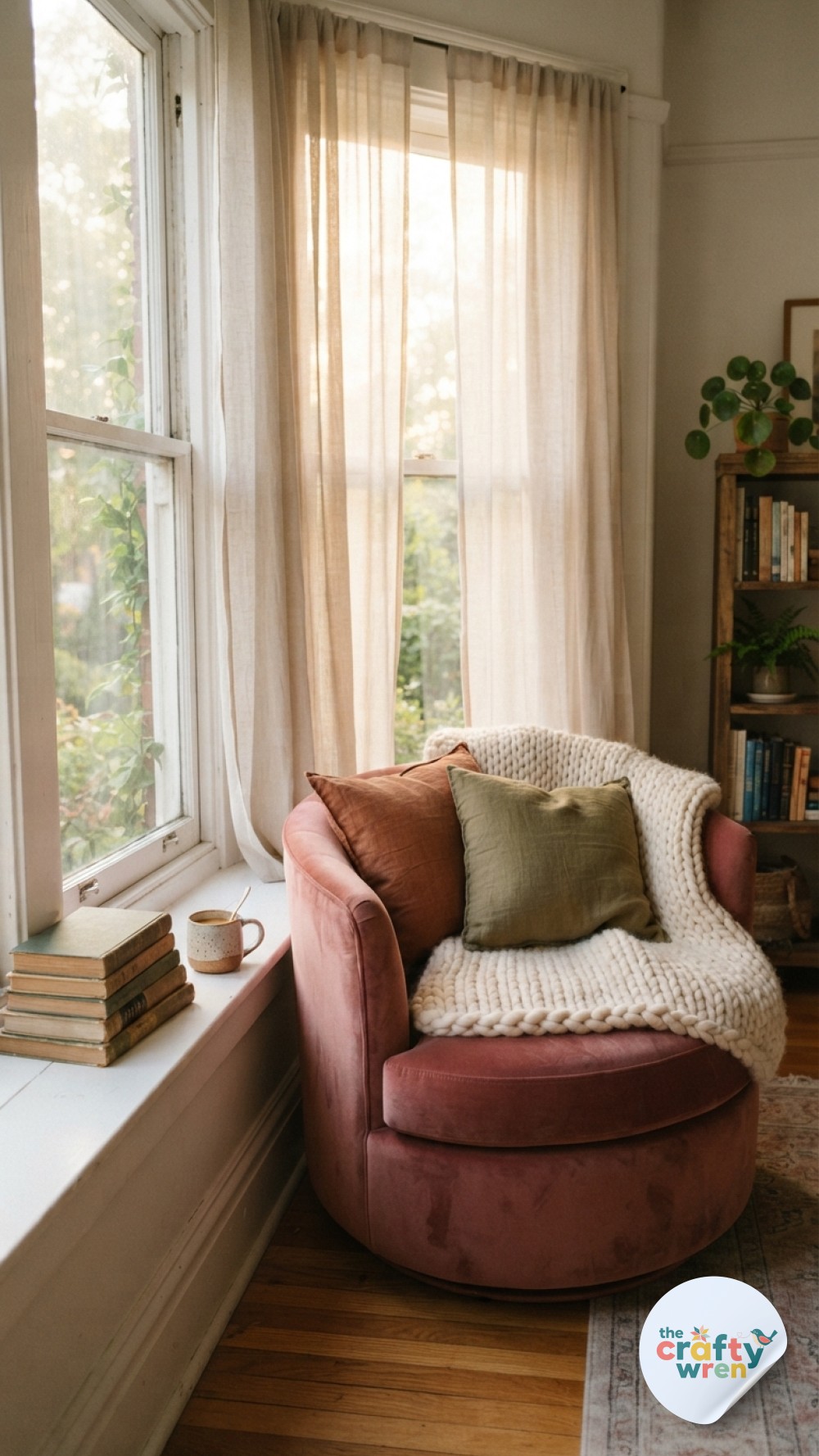 Dusty rose pink round swivel chair by a sunlit window with books and a chunky knit throw