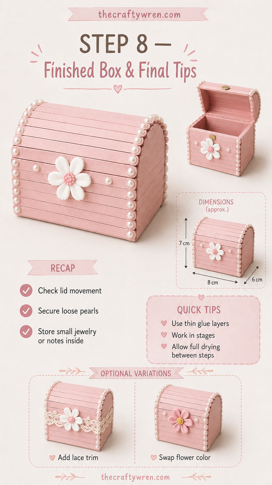 The finished blush-pink popsicle stick treasure box shown closed and open with size details.