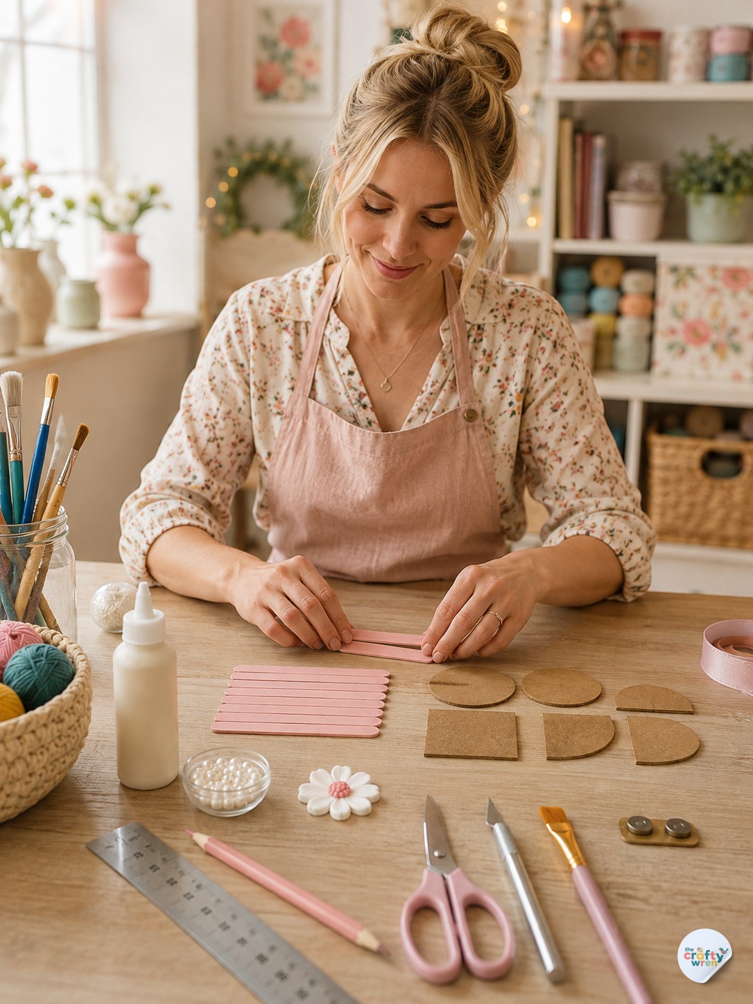 Wren Halloway arranging painted craft sticks at her worktable before starting the popsicle stick treasure box.