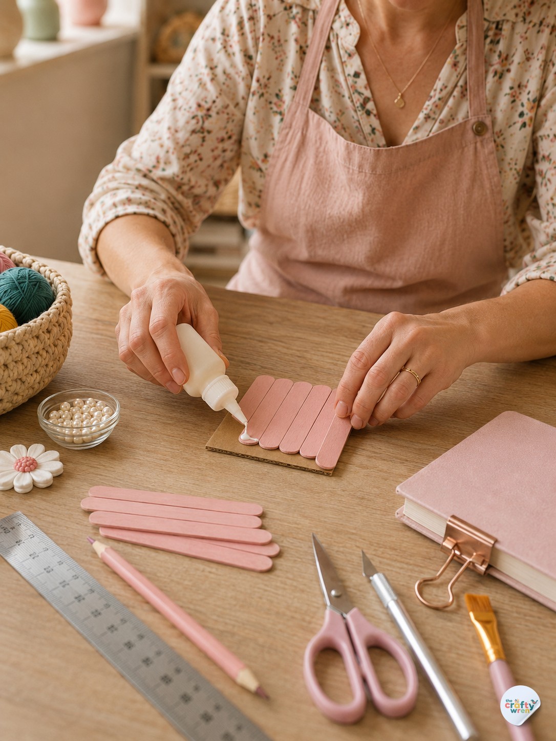 Applying tacky glue to craft-stick slats while building the popsicle stick treasure box base panel.
