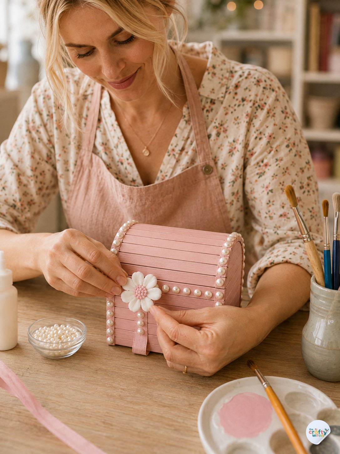 Pressing the white flower embellishment onto the front of the popsicle stick treasure box.