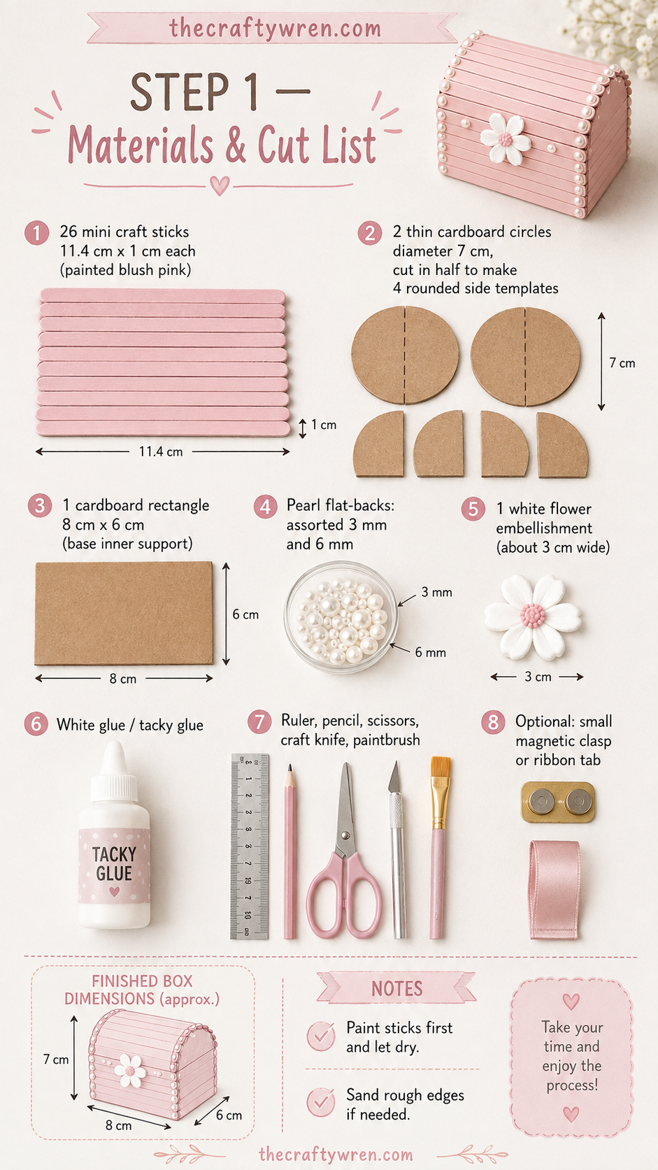Flat-lay of all materials and cut list needed to build a popsicle stick treasure box at home.
