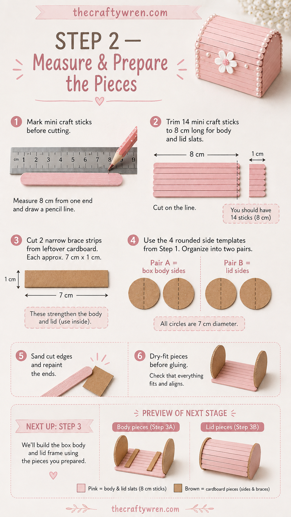 Measuring and trimming mini craft sticks to size before assembling the popsicle stick treasure box.