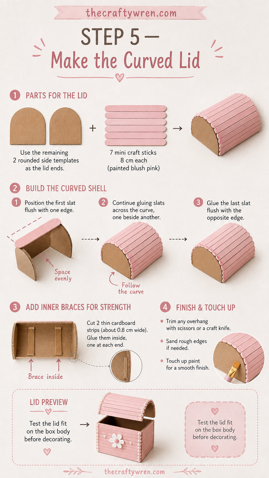Shaping the curved shingled lid that gives this popsicle stick treasure box its chest-like silhouette.
