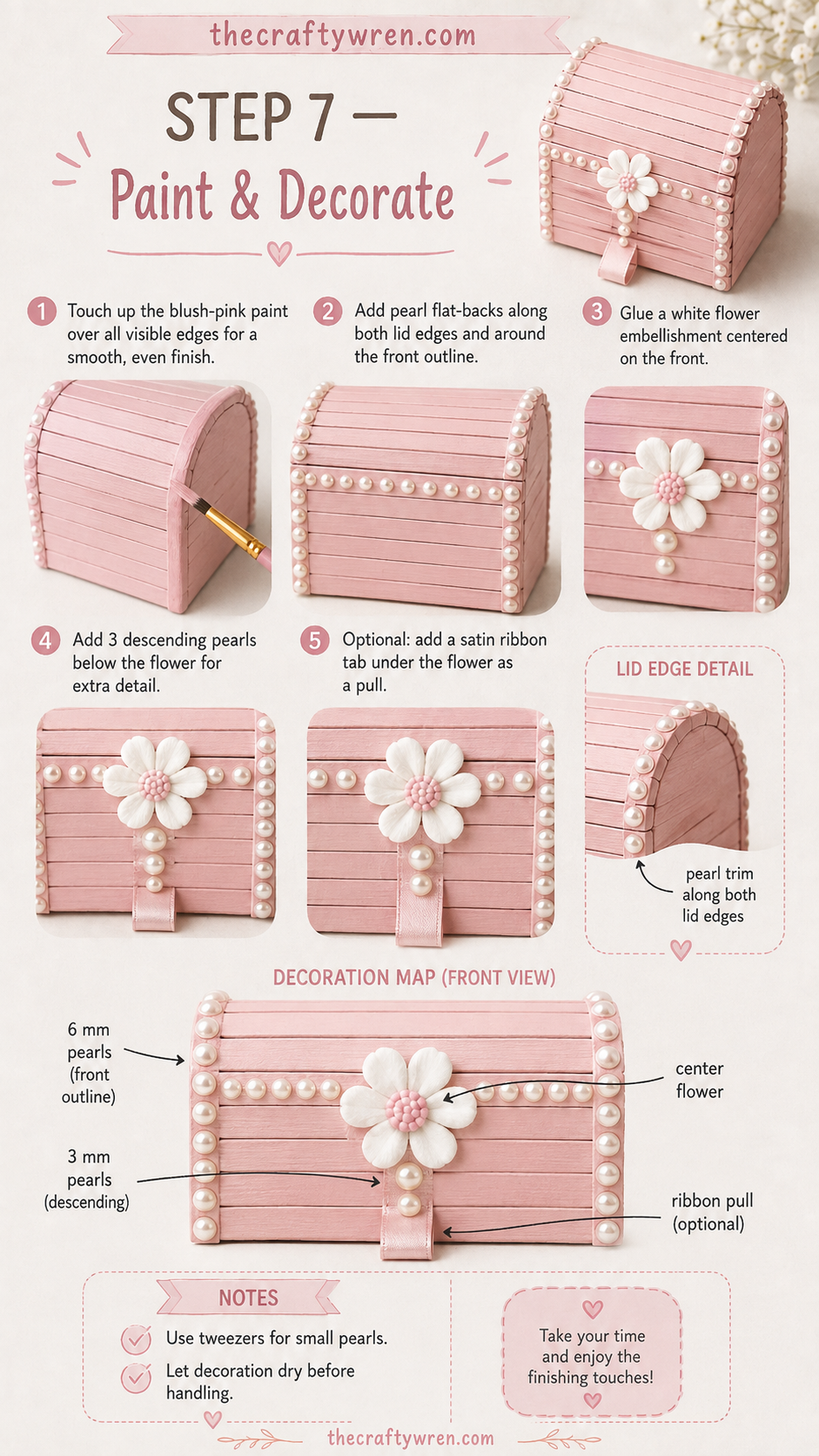 Adding pearl trim and a white flower to decorate the finished popsicle stick treasure box.