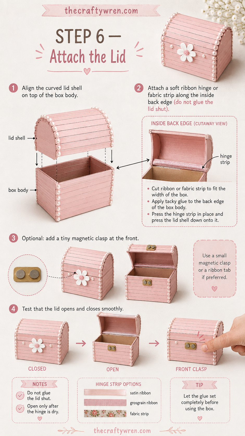 Attaching the ribbon hinge that lets the popsicle stick treasure box lid open and close smoothly.