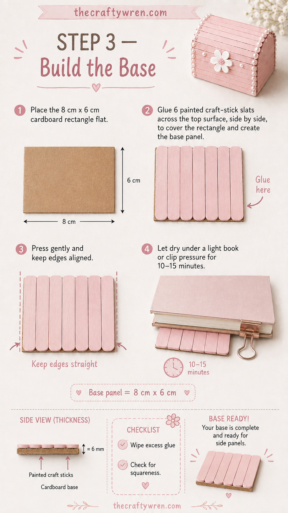 Gluing painted craft-stick slats onto the cardboard base panel of the popsicle stick treasure box.