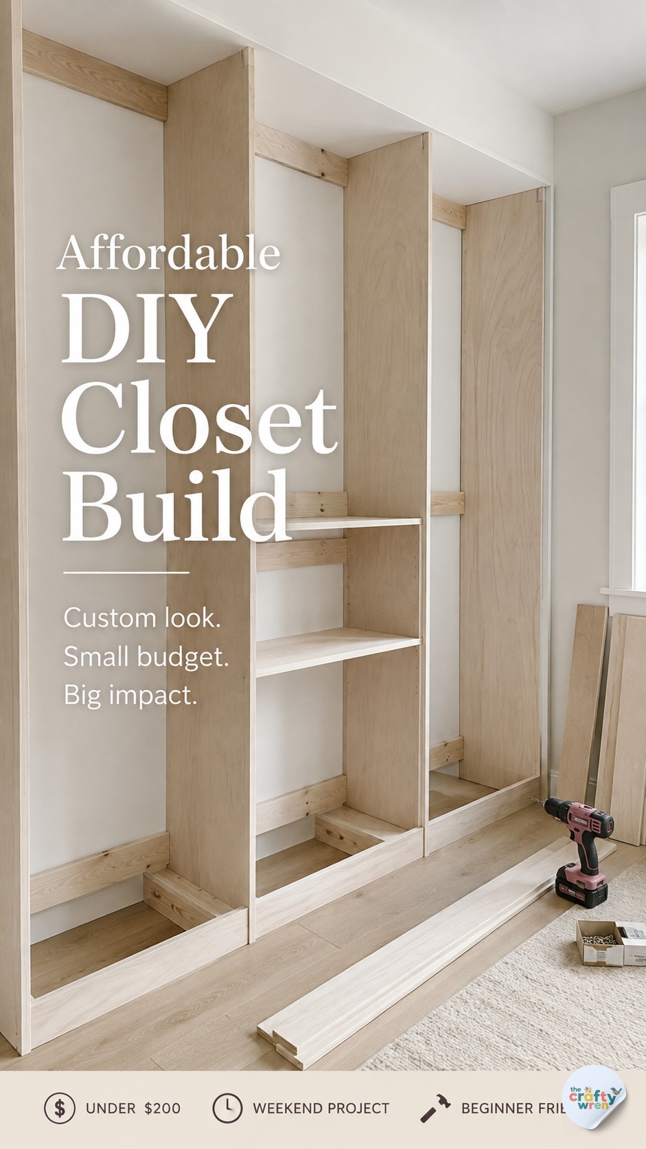 Weekend DIY plywood closet build in progress showing a custom small closet organization project