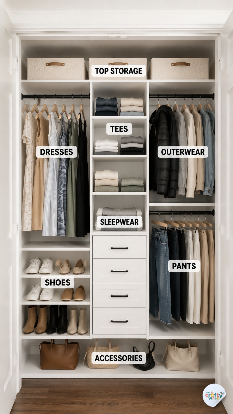 Fully labeled small closet organization system with zones for dresses, tees, shoes, and accessories