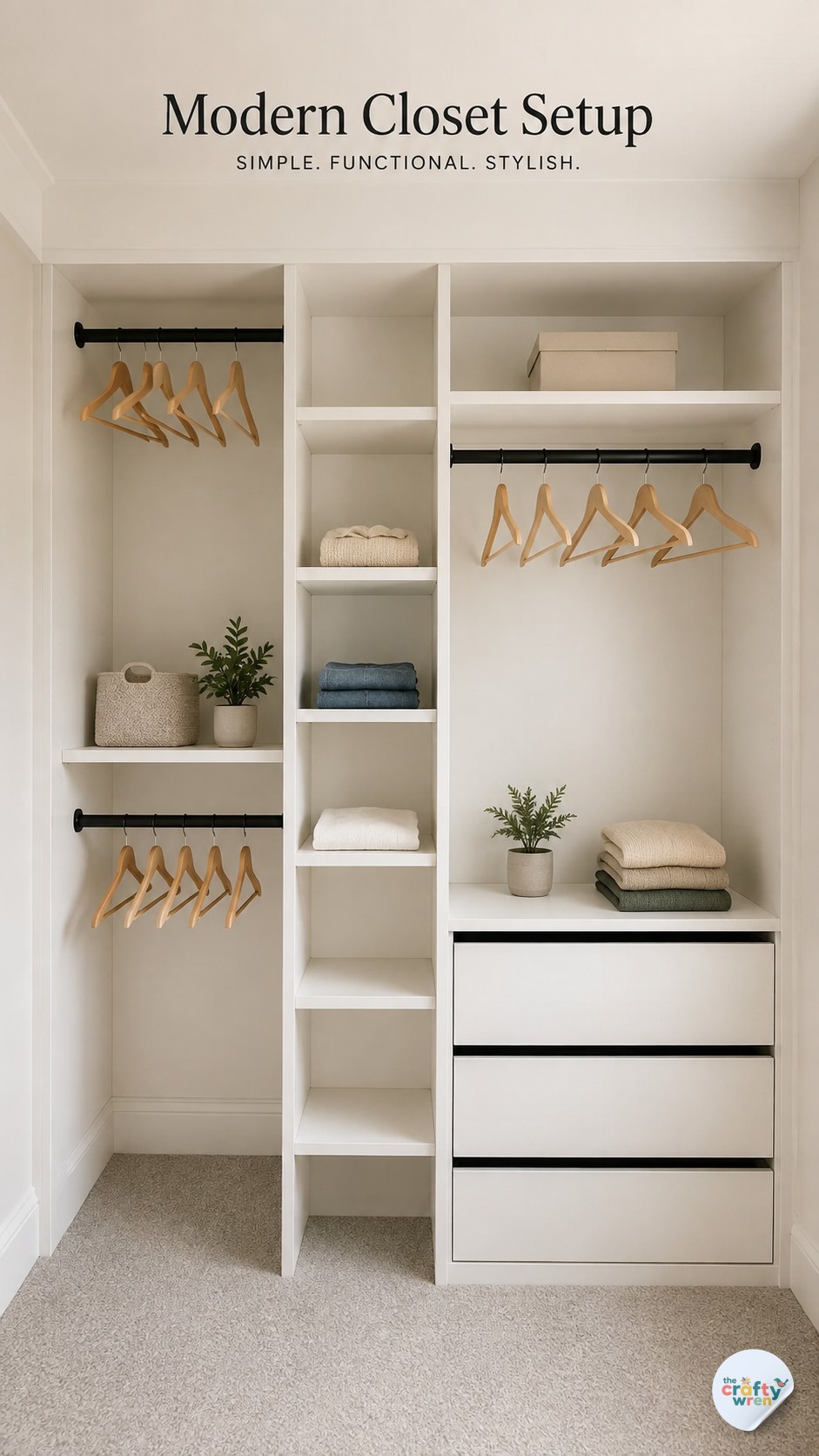 Modern small closet organization setup with drawers, hanging rods, and a central shelf tower