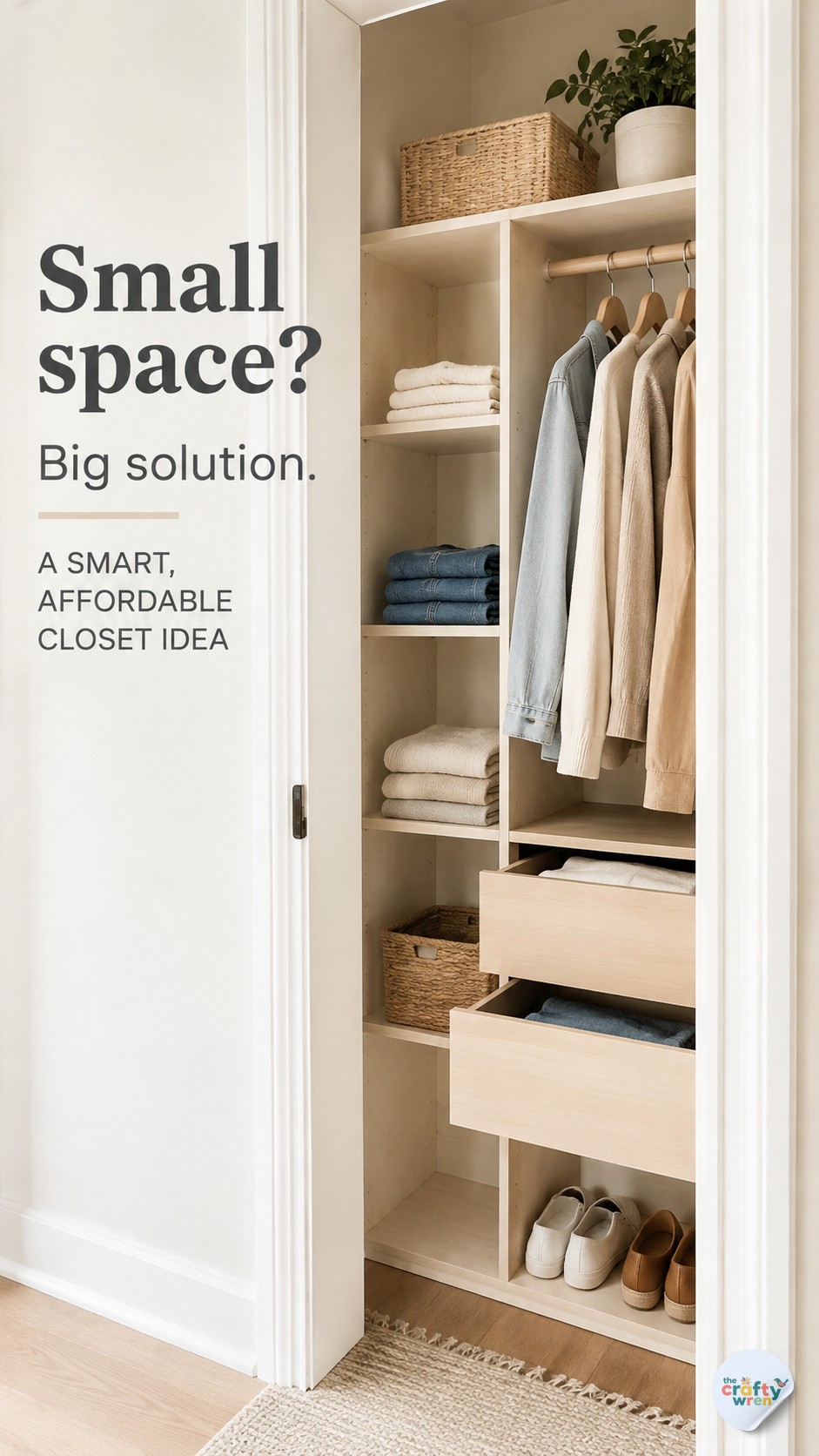 Narrow reach-in closet with drawers, baskets, and shelving demonstrating small closet organization ideas