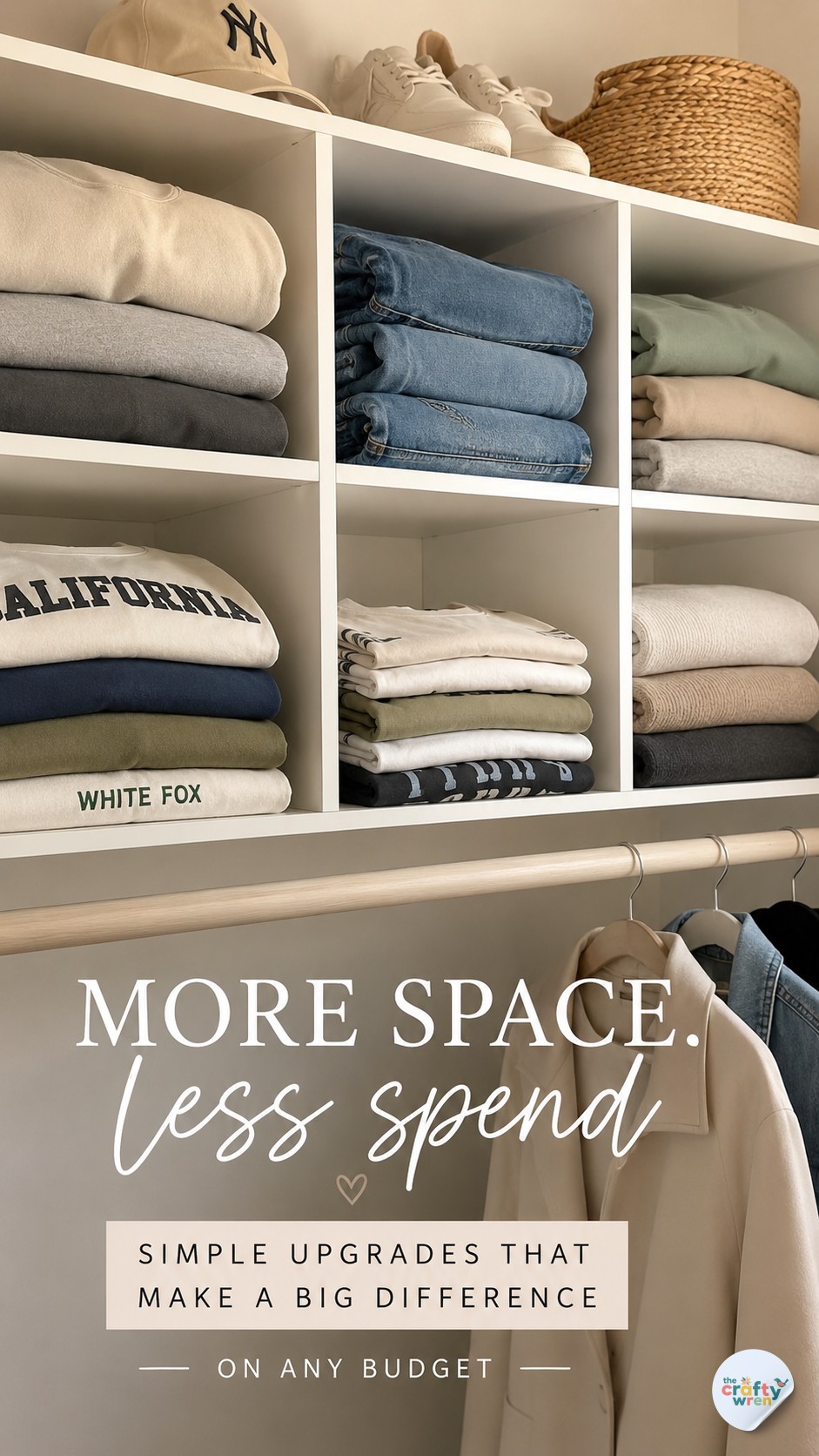 Cubby shelving above a closet rod offering extra small closet organization for folded clothes and shoes