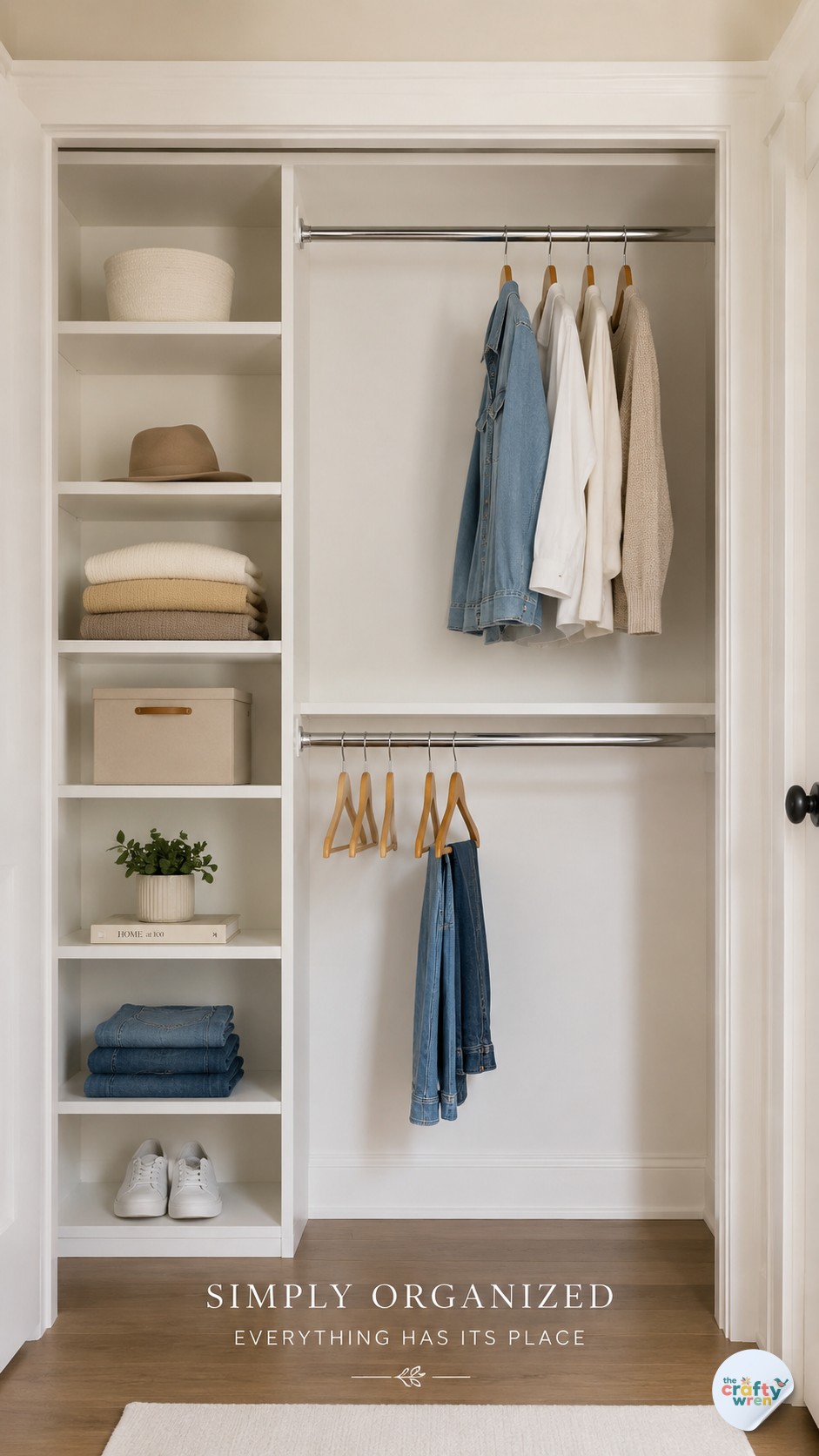 Small closet organization idea with open shelving, folded clothes, and double hanging rods