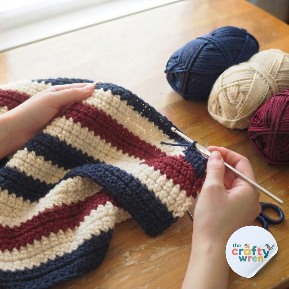 A growing swatch reveals navy, cream, and burgundy bands forming on the striped one row repeat crochet blanket.