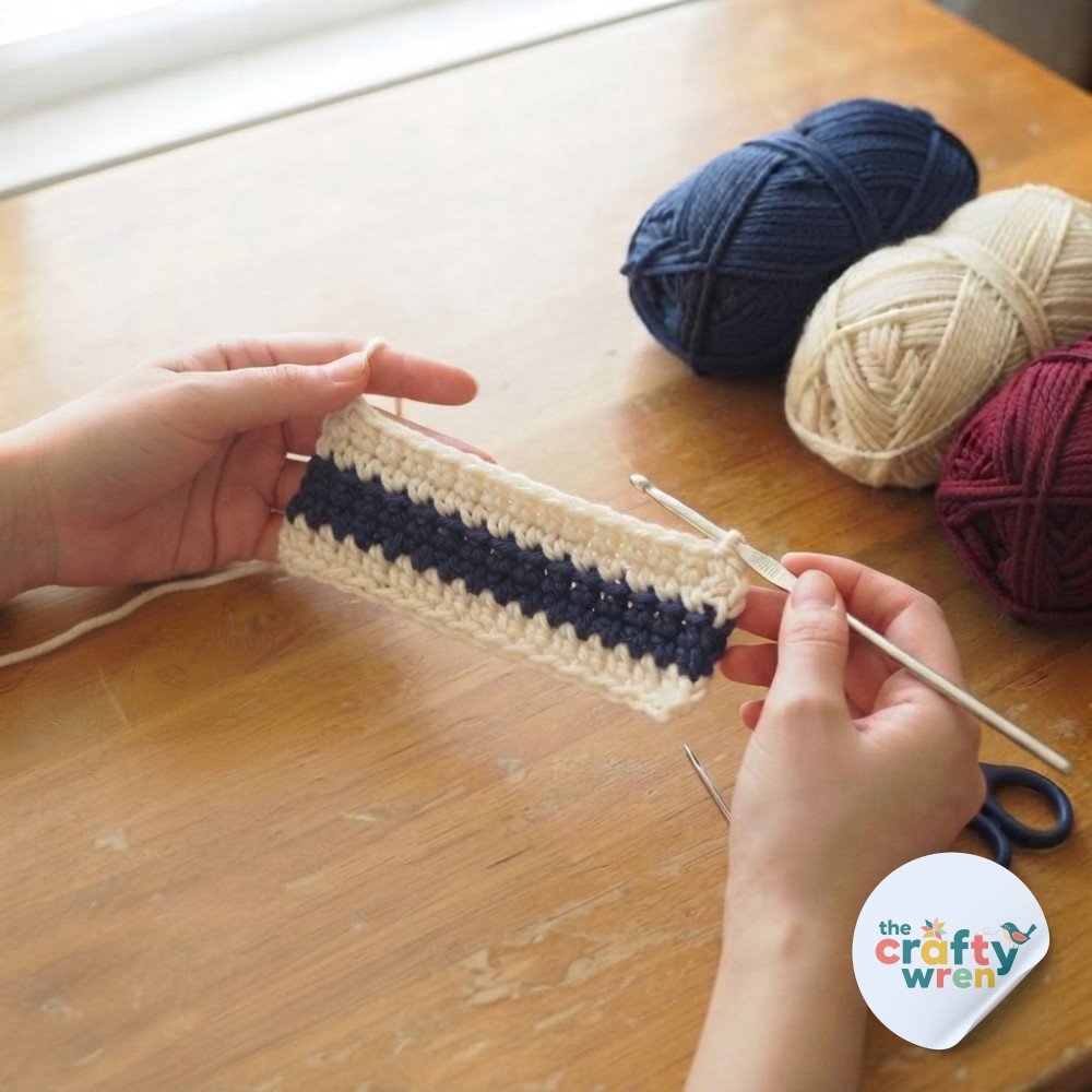 Three rows in cream and navy show the simple color change technique of the striped one row repeat crochet blanket.