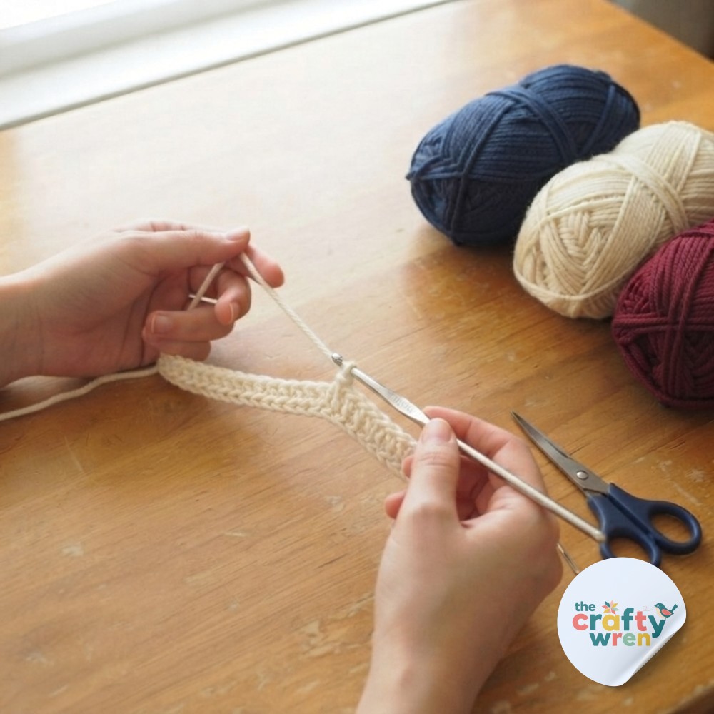 Close-up of the first textured row taking shape on this striped one row repeat crochet blanket in cream yarn.