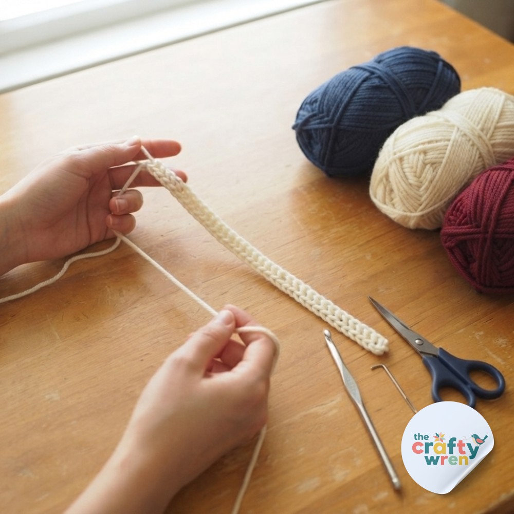 Hands chaining cream yarn to begin the foundation row of a striped one row repeat crochet blanket.