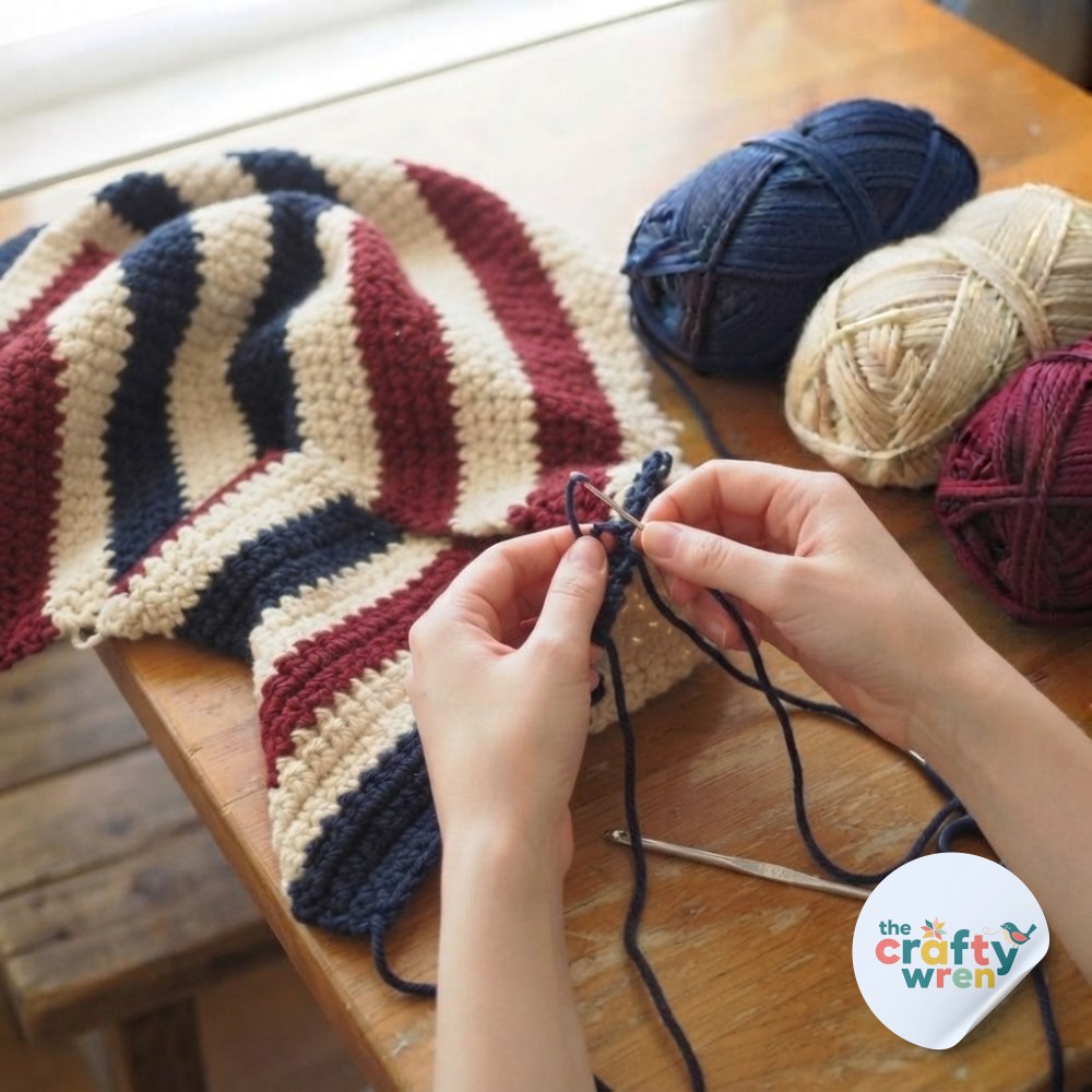 Weaving in a yarn tail along the edge of the nearly finished striped one row repeat crochet blanket.