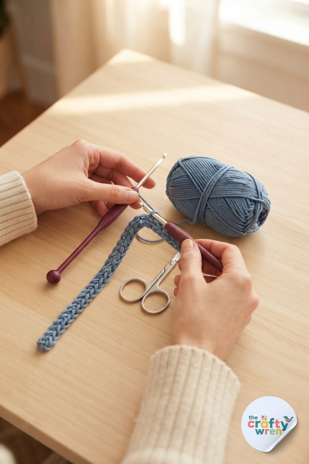 Hands chaining foundation stitches with Tunisian hook