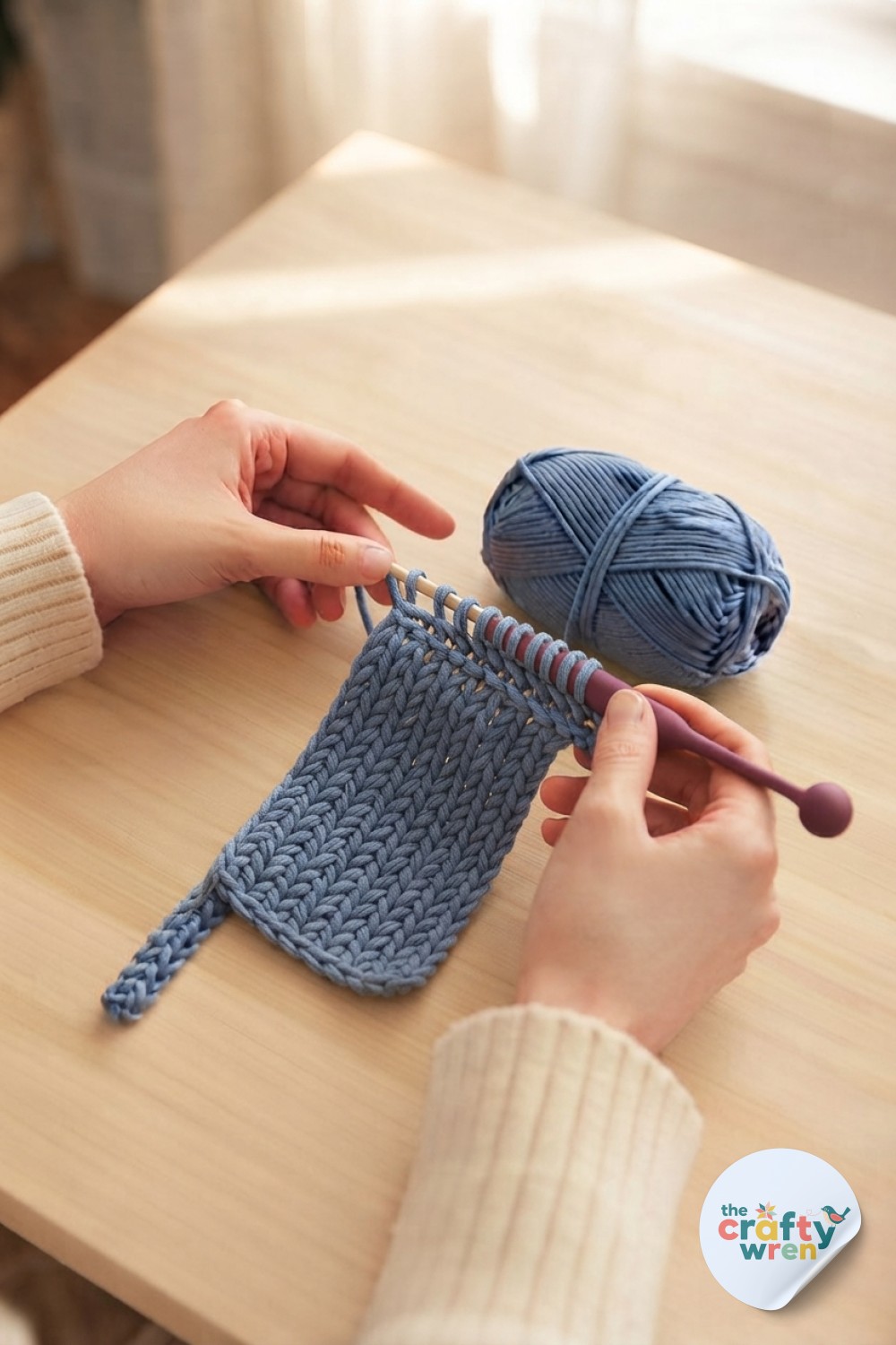 Hands working Tunisian simple stitch on second row