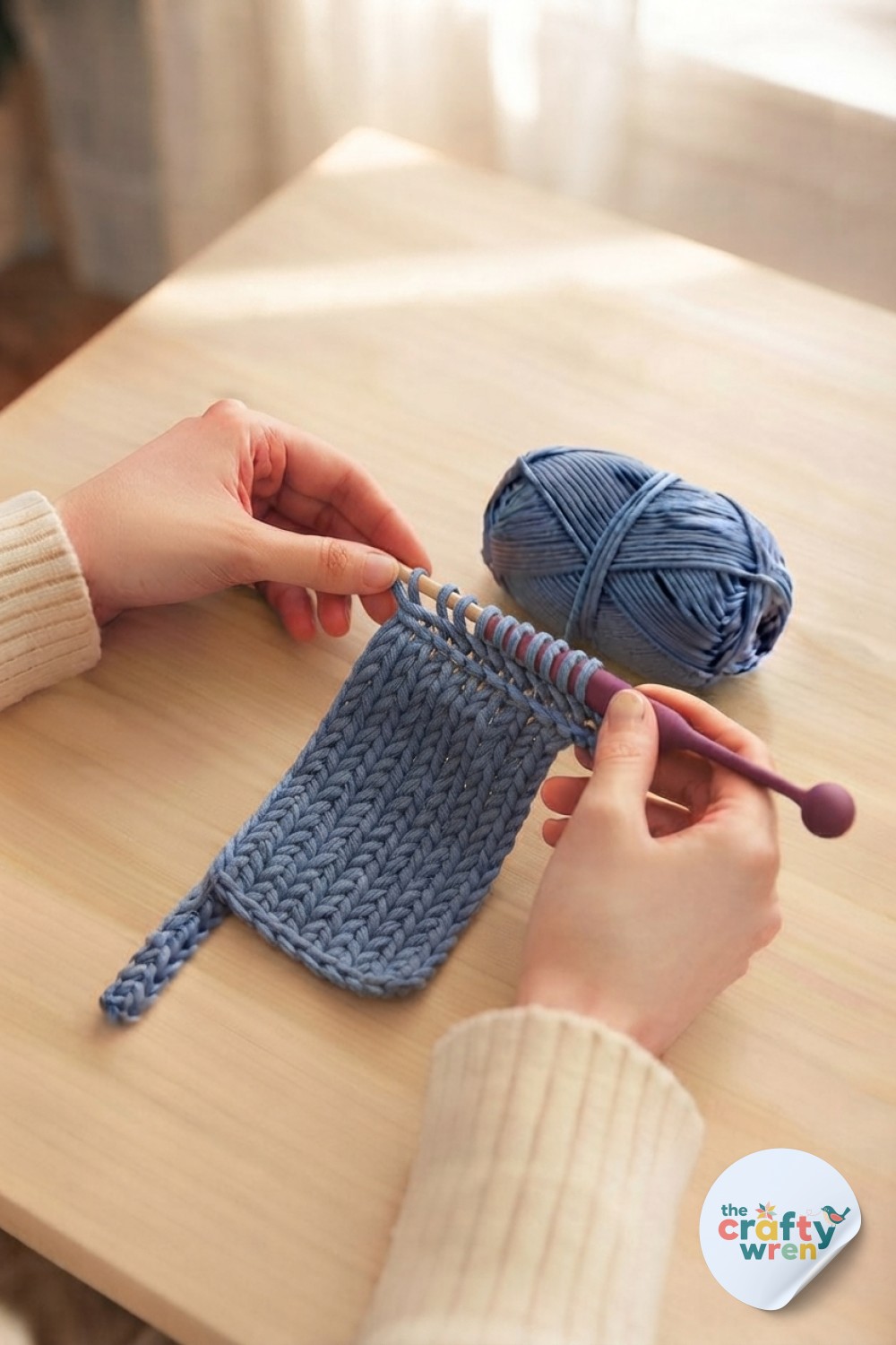 Hands forming Tunisian knit stitch on a growing swatch